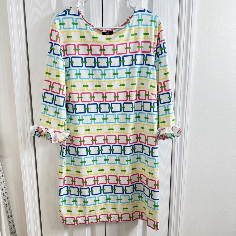 Sailor-Sailor Shift Dress XL Multi Color Preppy Coastal Geometric Ruffle Sleeve